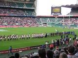 Jono and Jonah lined up with their teams before the start of Martin Johnson's testimonial game